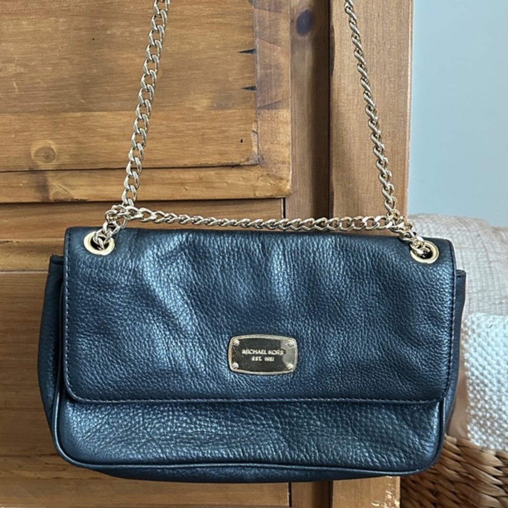 Michael Kors Black Leather Shoulder Bag with Gold Chain